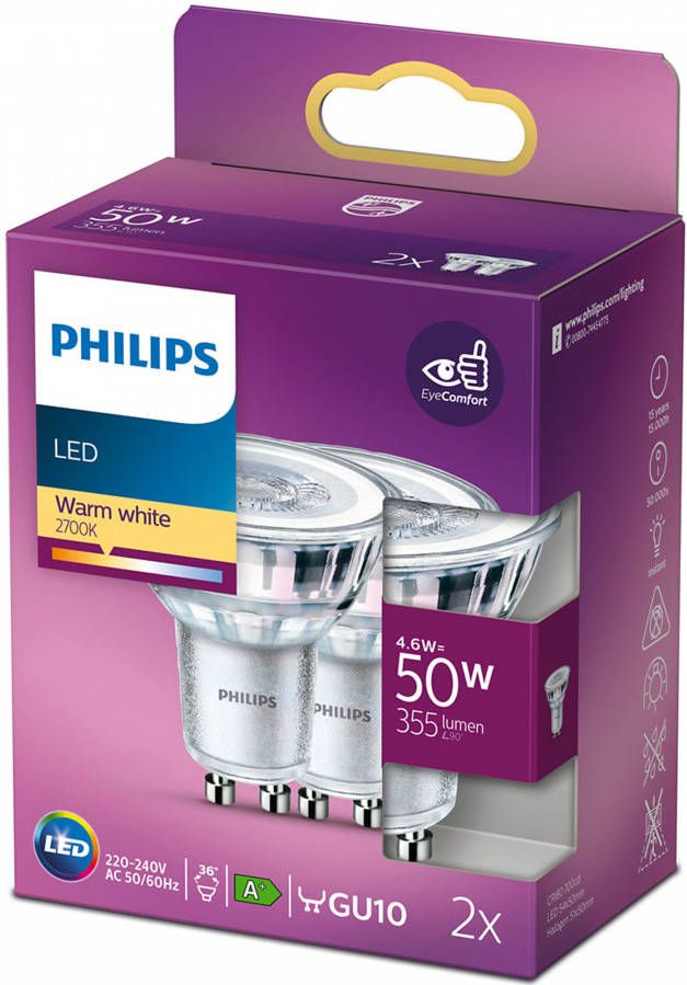 Philips 4, 6W GU10 2700K 355 lumen set van 2 929001215218 online kopen